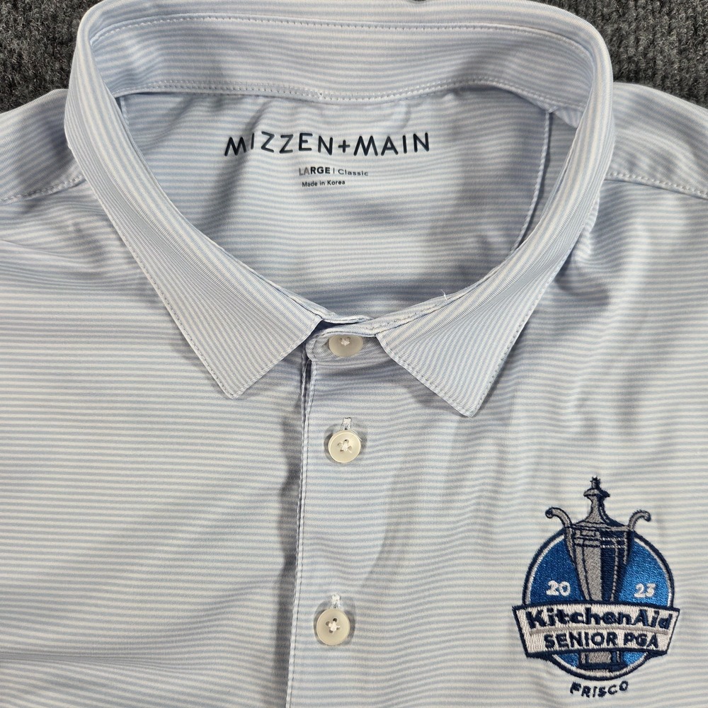 Mizzen+Main Mens L Blue Striped Golf Stretch Polo Shirt Senior PGA Logo